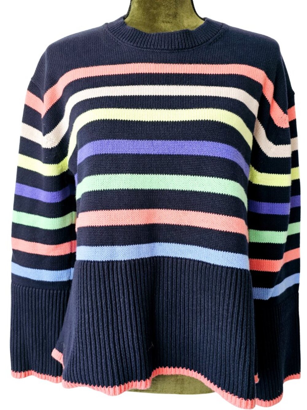 😍 NWOT 😍 Gap 24/7 Split-Hem Cotton Crewneck Sweater, Navy w/ Multi Stripe, XS